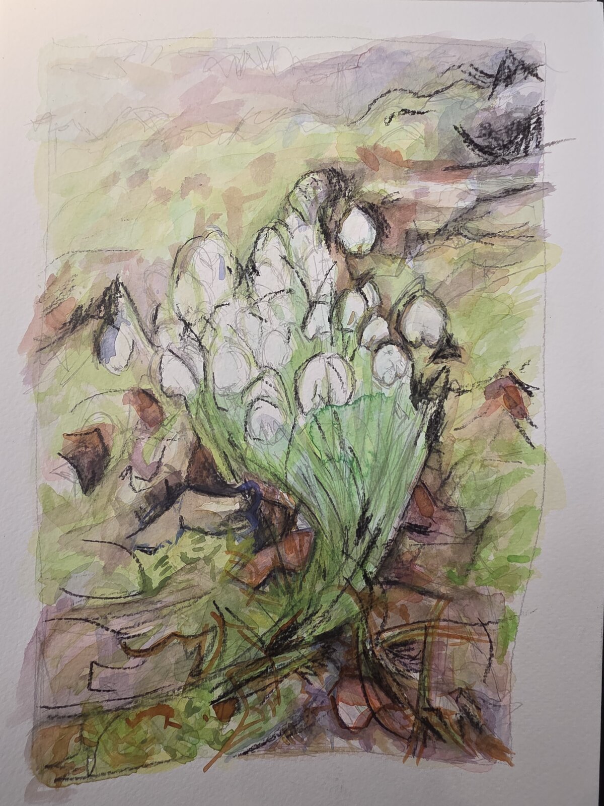 Process image of Snowdrops in Hawes showing layered washes and emerging snowdrops.