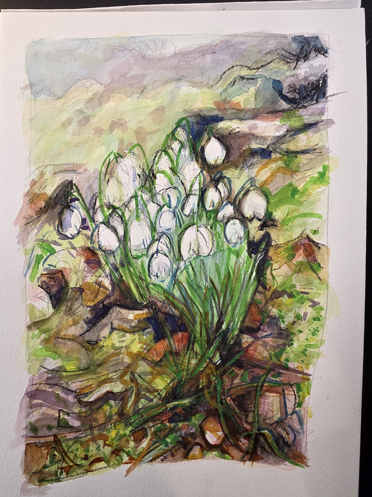 Process image of Snowdrops in Hawes showing layered washes and emerging snowdrops.
