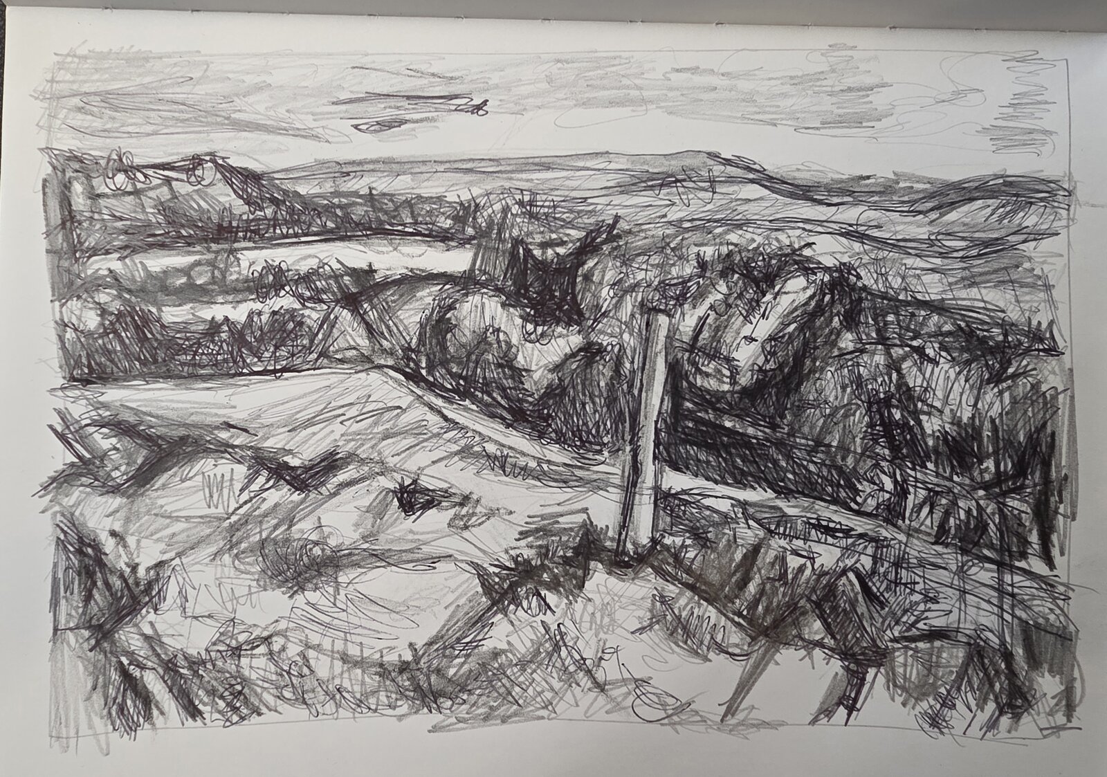 Initial pencil sketch for View towards Honley from Thurstonland mapping the valley and fence line.